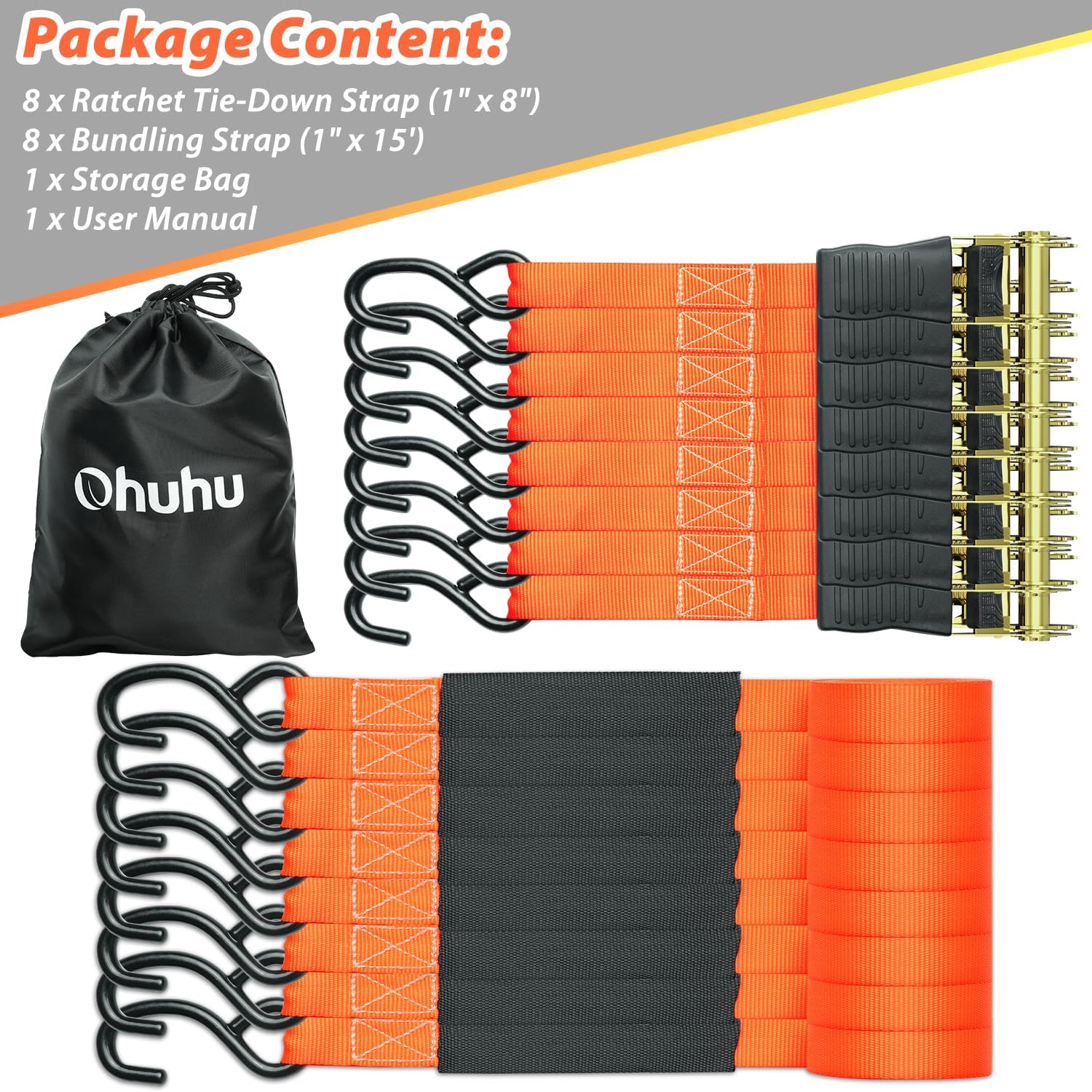 Ohuhu Ratchet Tie Down Straps 16-Pack (8-Pack Orange + 8-Pack Grey)