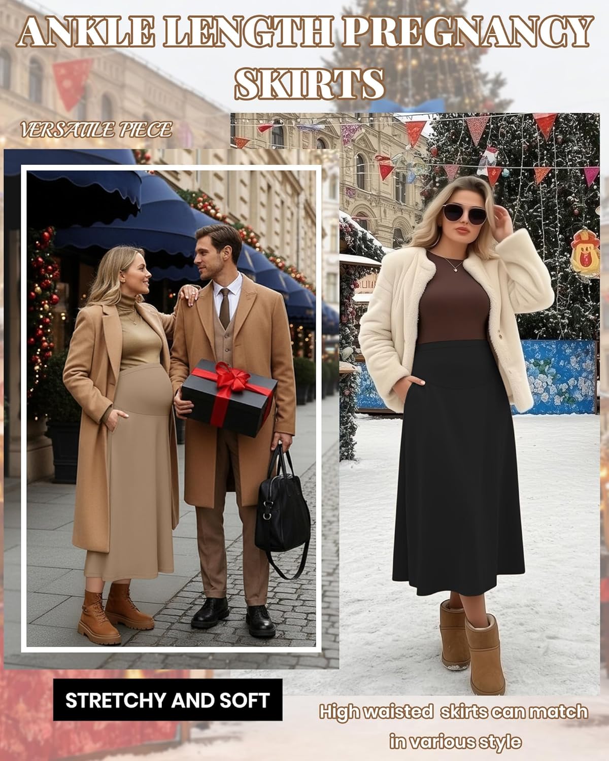 3 Pack Women's Maternity Maxi Long Skirts Pockets Over The Belly High Waisted Ankle Length Pregnancy A-line Skirts - Image 4