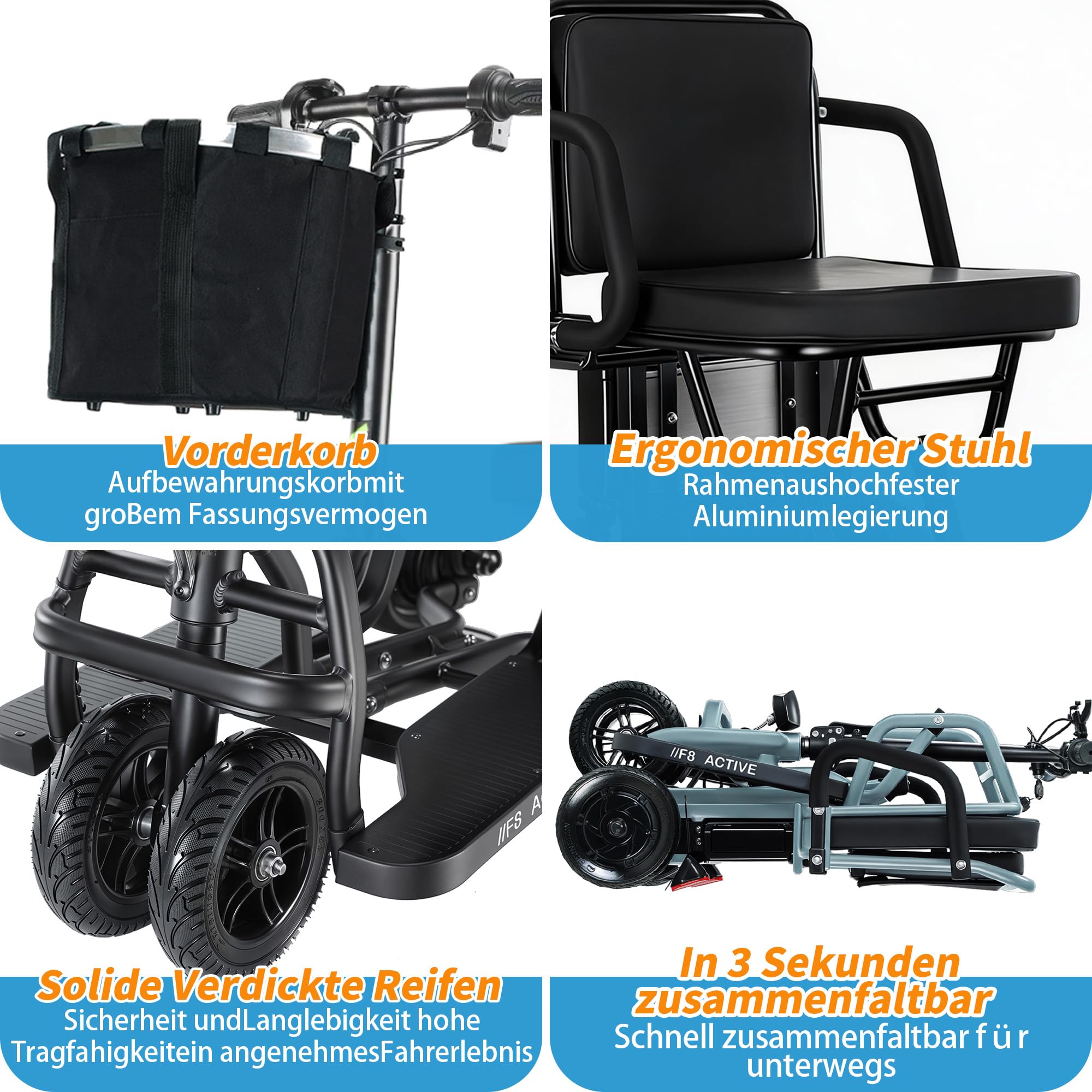 Elektromobil für Senioren, 4-Rad Seniorenmobil Klappbar, 15Km/h, 20KM Reichweite, Seniorenmobil Mobilitätsroller mit Korb und komfortabler Sitz, F8 ACTIVE (Schwarz)