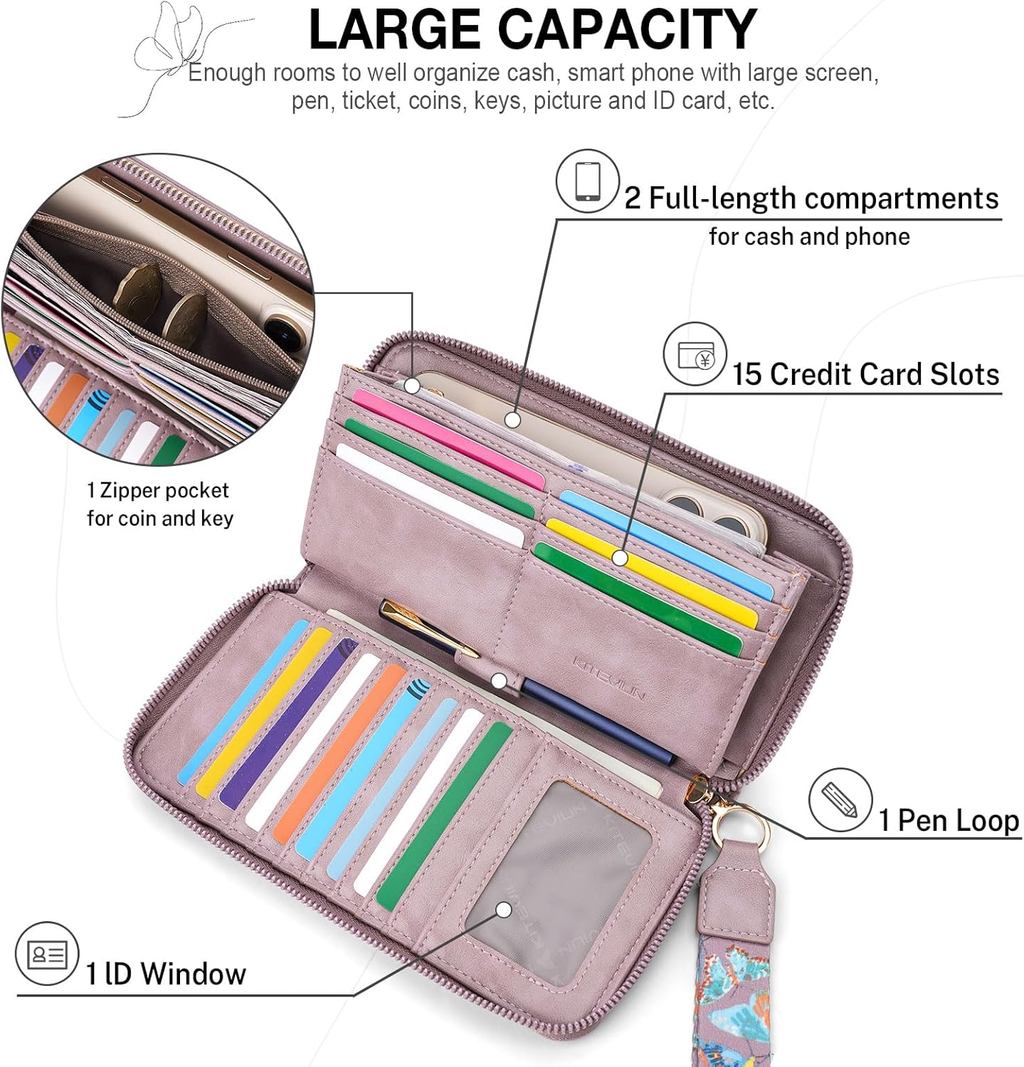 RFID Wallet Women, Large Capacity Butterfly Cell Phone Clutch Purses Ladies Wristlet Wallets for Women - Image 4