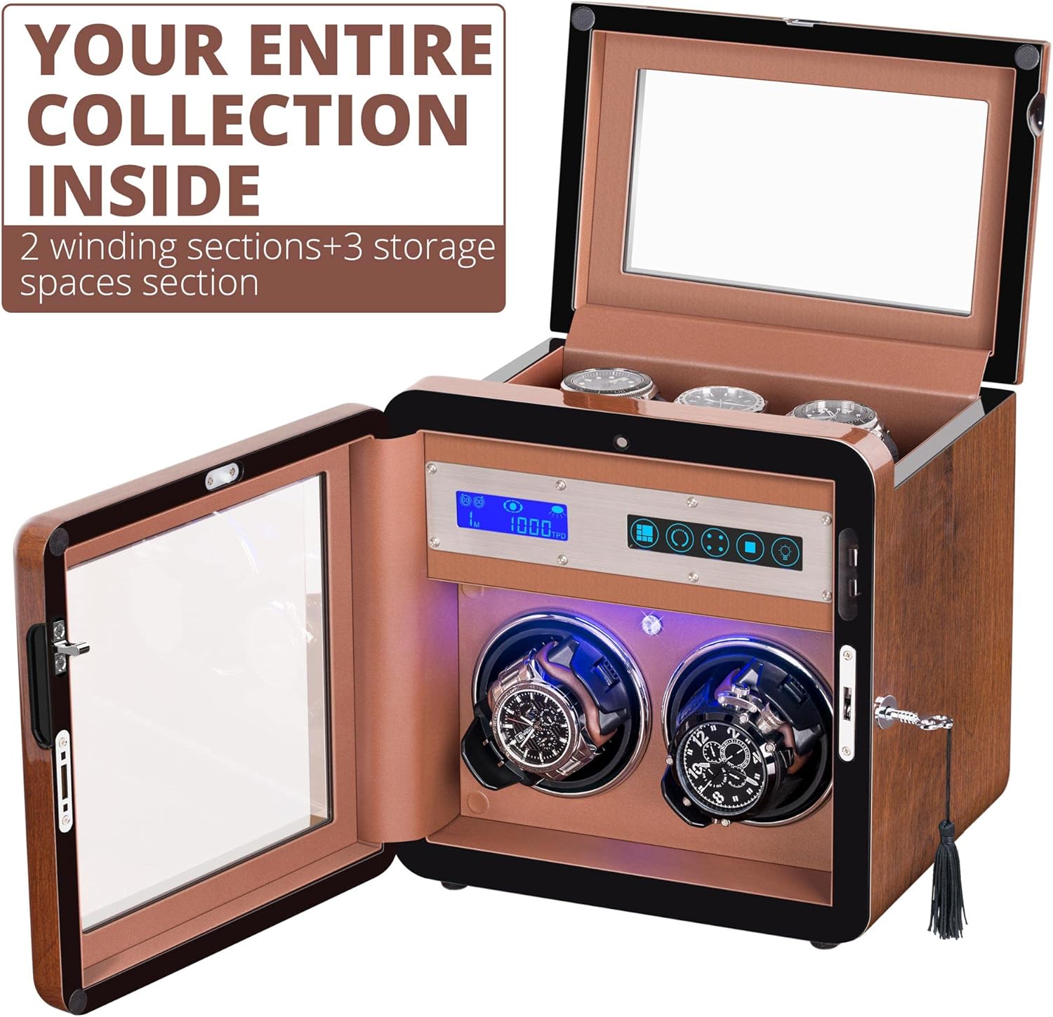 Automatic Watch Winder with 2 Quiet Running Motor Watch Winding LCD Display+ 3 Storage Box, Built-in Illumination, Walnut Watch Winder for Rolex with 4 Adjustable Upgraded Watch Pillows, AC Adapter