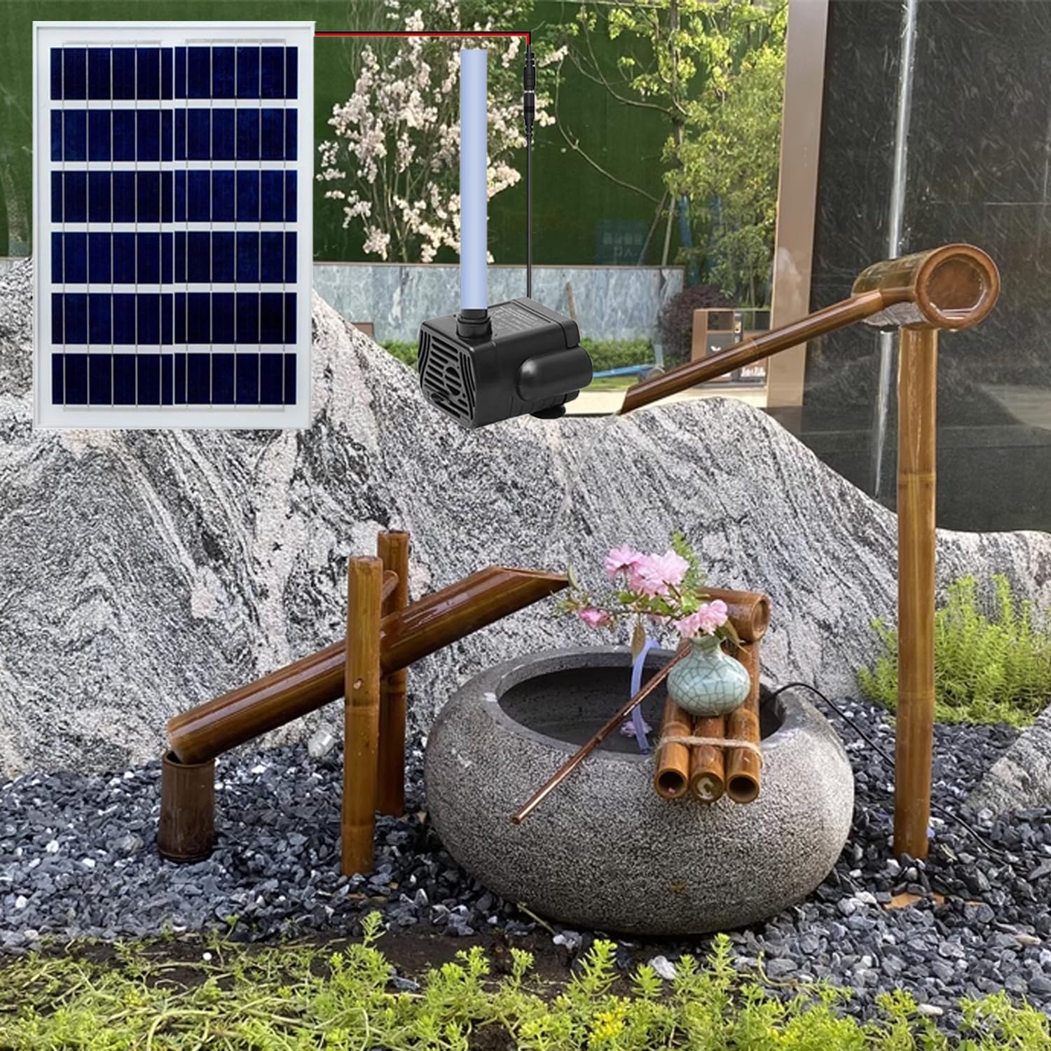 DIY Solar Rocking Water Fountain, Zen Water Fountain with Bamboo Raft & Bamboo Ladles, Water Fountain with Pump for Patio, Zen Garden Pond Water Feature Decoration,car