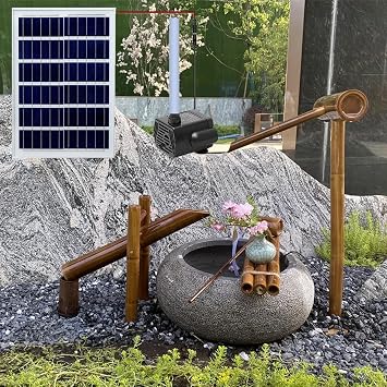 Handmade Solar Water Pump Fountain Kit, Free Standing Bamboo Fountain, Japanese Rocking Water Fountain, Patio Water Fountains, for Creates a Captivating Outdoor Fountain,Raw Bamboo