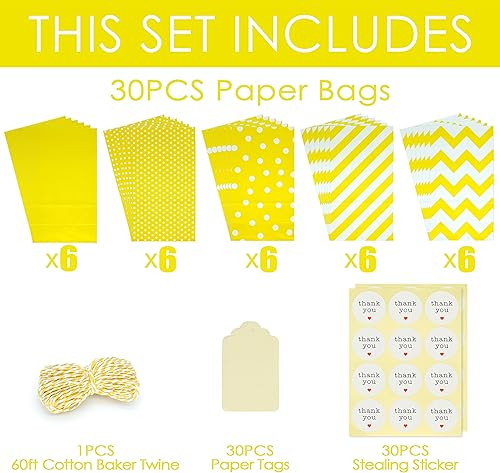 Miniatura 2 de Paquete de 30 bolsas de papel amarillo con calcomanías de agradecimiento, etiquetas de papel, hilo de algodón amarillo y blanco, 5 x 3 x 9 pulgadas,