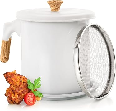 MyMoon Home Bacon Grease Container 48oz / 1.4L Iron Cooking Oil Storage Can with Strainer - Non-Stick, 5 Inch Diameter for Easy Pouring - Oil Strainer Pot