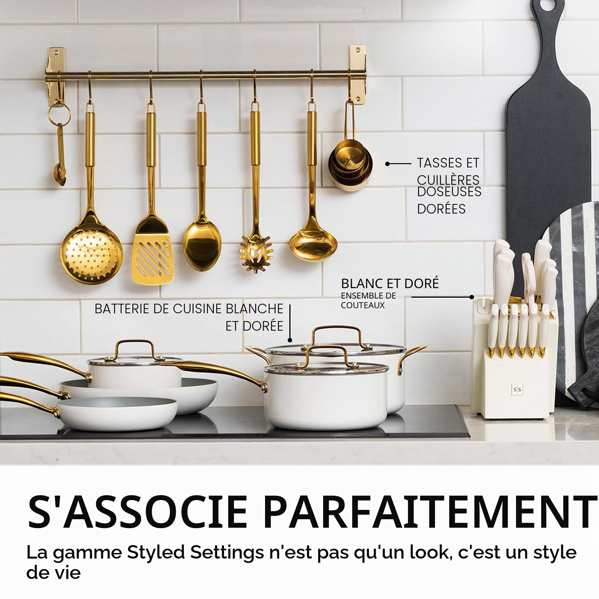 Ensemble d’ustensiles de cuisine dorés – 5 pièces en acier inoxydable pour cuisiner et servir, incluant louche, cuillère, spatule et fourchette à pâtes – Accessoires de cuisine luxe