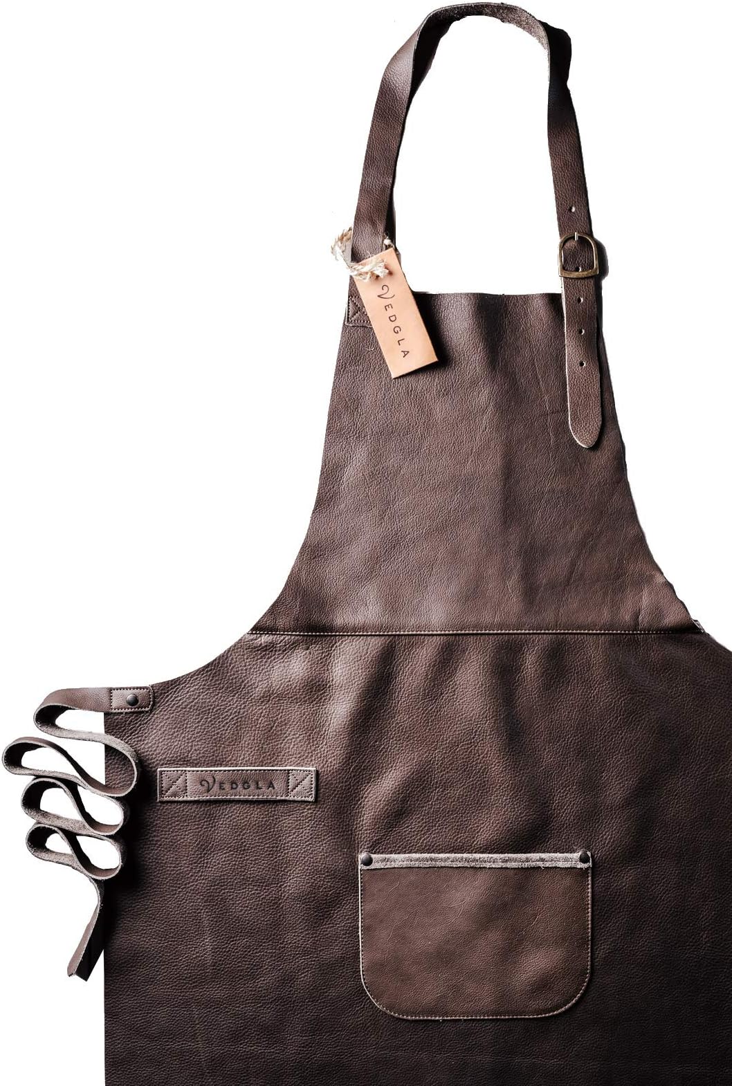 Vedgla leather apron, grill apron, cook’s apron, waiter’s apron - apron made of high quality leather with adjustable straps and comfortable fit, 84 cm x 70 cm, in brown colour