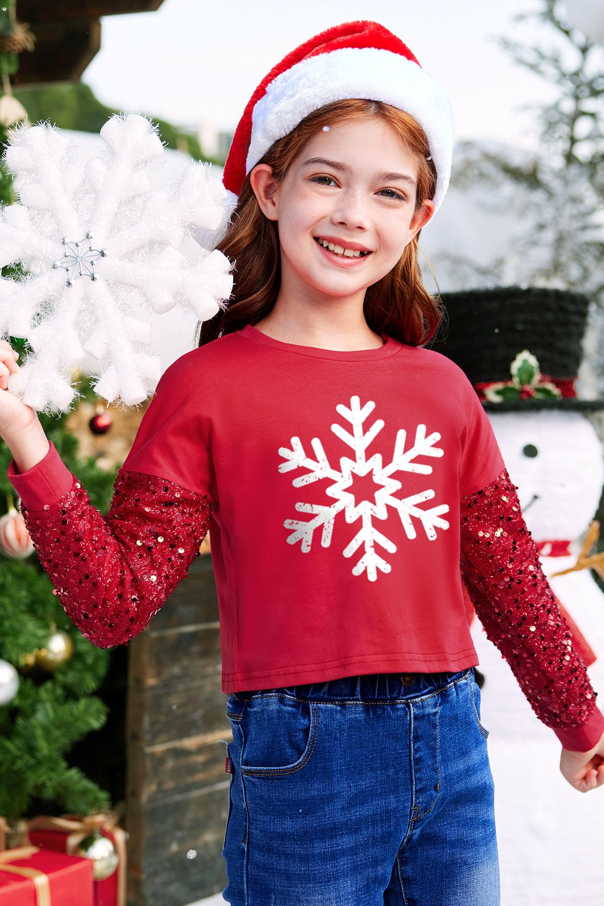 BesserBay Camisa de manga larga para niñas, diseño de retazos de lentejuelas, para Navidad, de 6 a 14 años