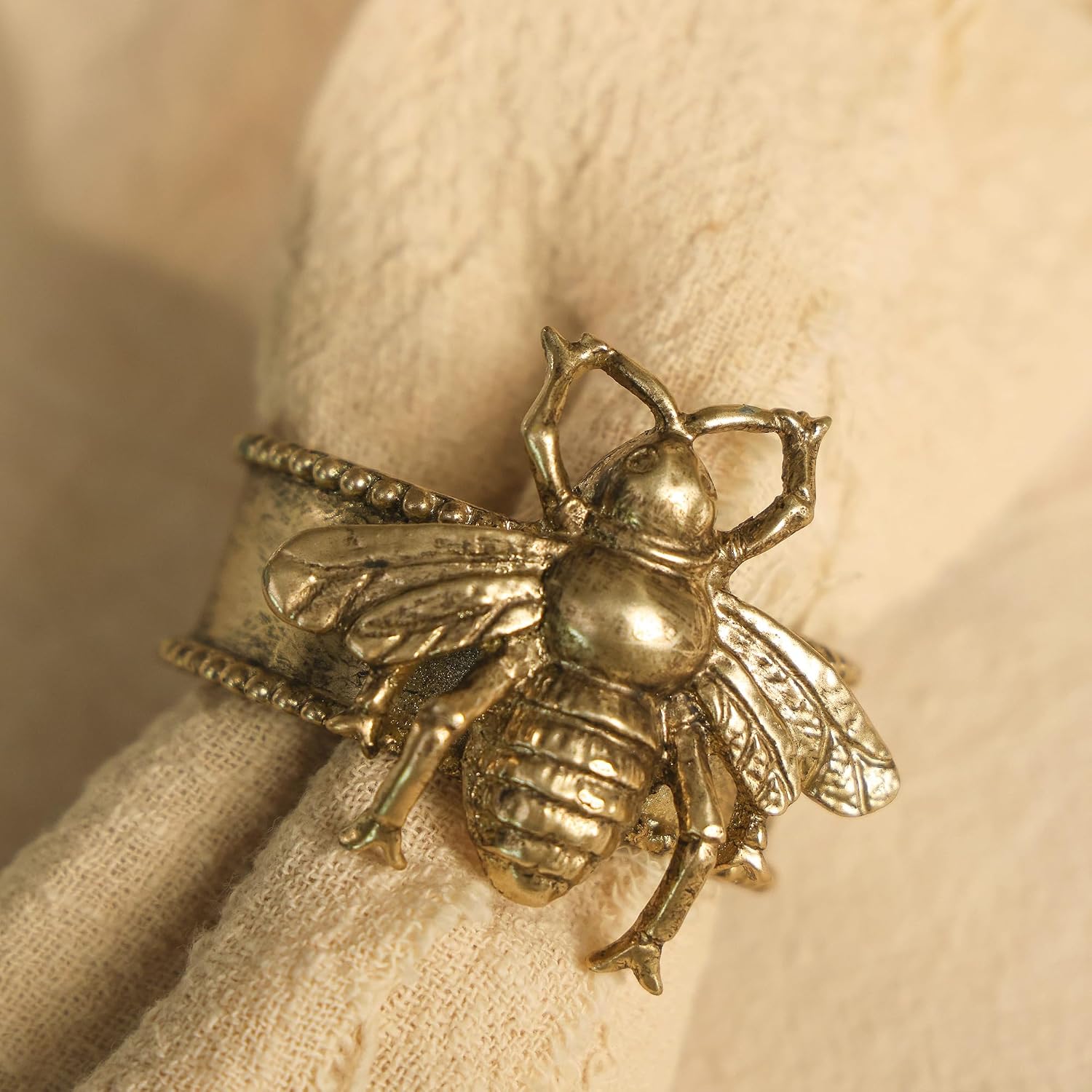 Vintage Gold Bee Napkin Ring Set of 4, Metal Serviette Ring