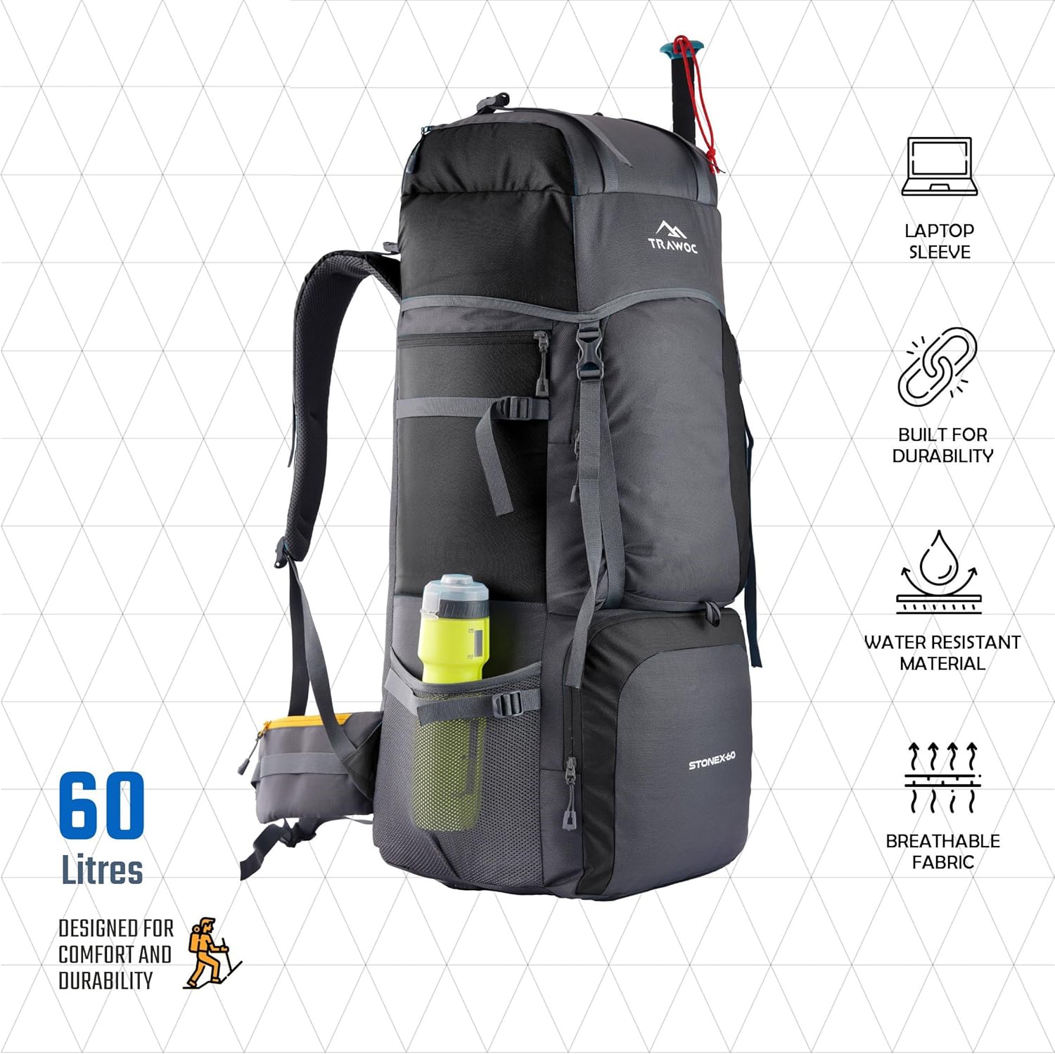 TRAWOC STONEX 60 Ltr Travel Backpack Trekking Rucksack bag for Men & Women Travel Camping Hiking Backpack