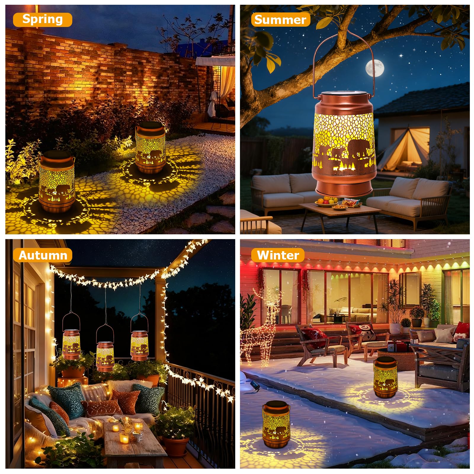 Bear Birthday Gifts for Women Mom Grandma, Solar Lanterns Outdoor Waterproof Garden Decor Hanging Lantern Lights, Metal LED Decorative Gardening Light for Patio Yard Lawn Porch