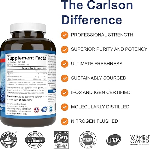 Miniatura 9 de Carlson - Gemas Elite DHA, 1000 mg de DHA, capturadas en la naturaleza, de origen sostenible, función cerebral y visión saludable, 60 cápsulas
