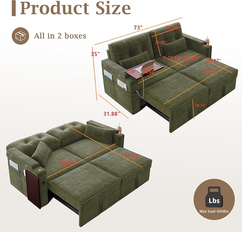 73'' Sleeper Sofa Bed Queen, Corduroy Pull Out Couch for Living Room, Green image 3