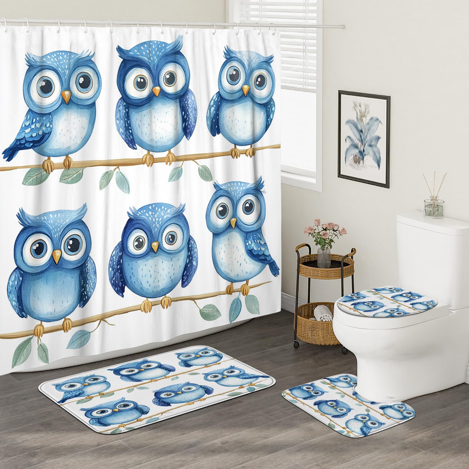 DESIHOM 4PCS Cartoon Cute Owl Shower Curtain Sets with Non-Slip Rug, U Shape and Toilet Lid Cover Mat, Watercolor Funny Kid Home Decor, Bathroom Accessory with 12 Hooks
