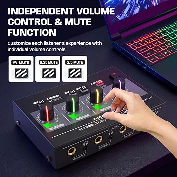 4-Channel Headphone Amplifier, 8 Outputs with Individual Volume, RCA/3.5mm/6.35mm Jacks, RGB Lights, Mute Function, Mono/Stereo Switch for Gaming, Podcast, Studio Recording & Home