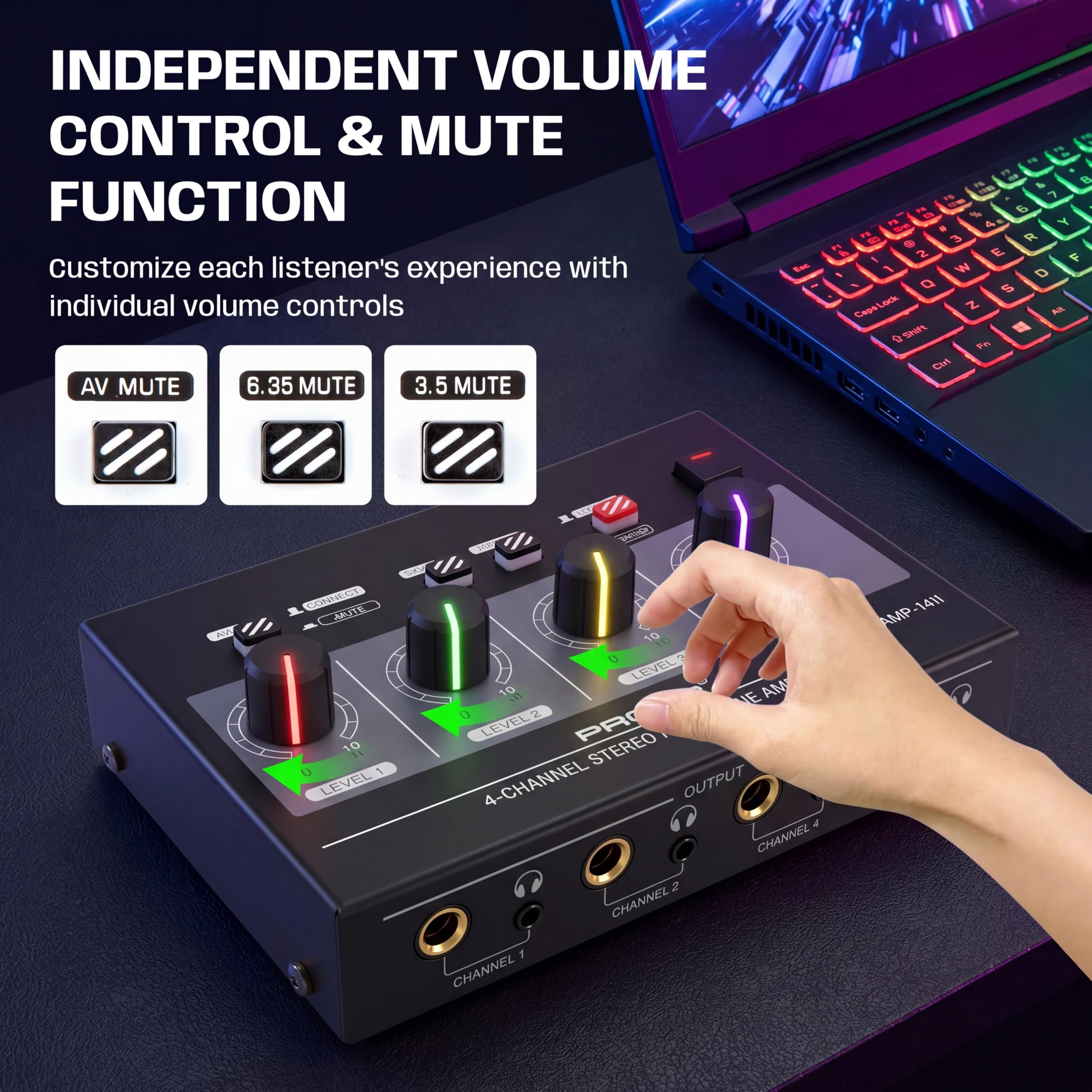 Amplificatore per cuffie a 4 canali con luce a 7 colori, amplificatore per cuffie per studio musicale con splitter audio per cuffie mono/stereo multi-porta in metallo con uscita cuffie TRS da 1