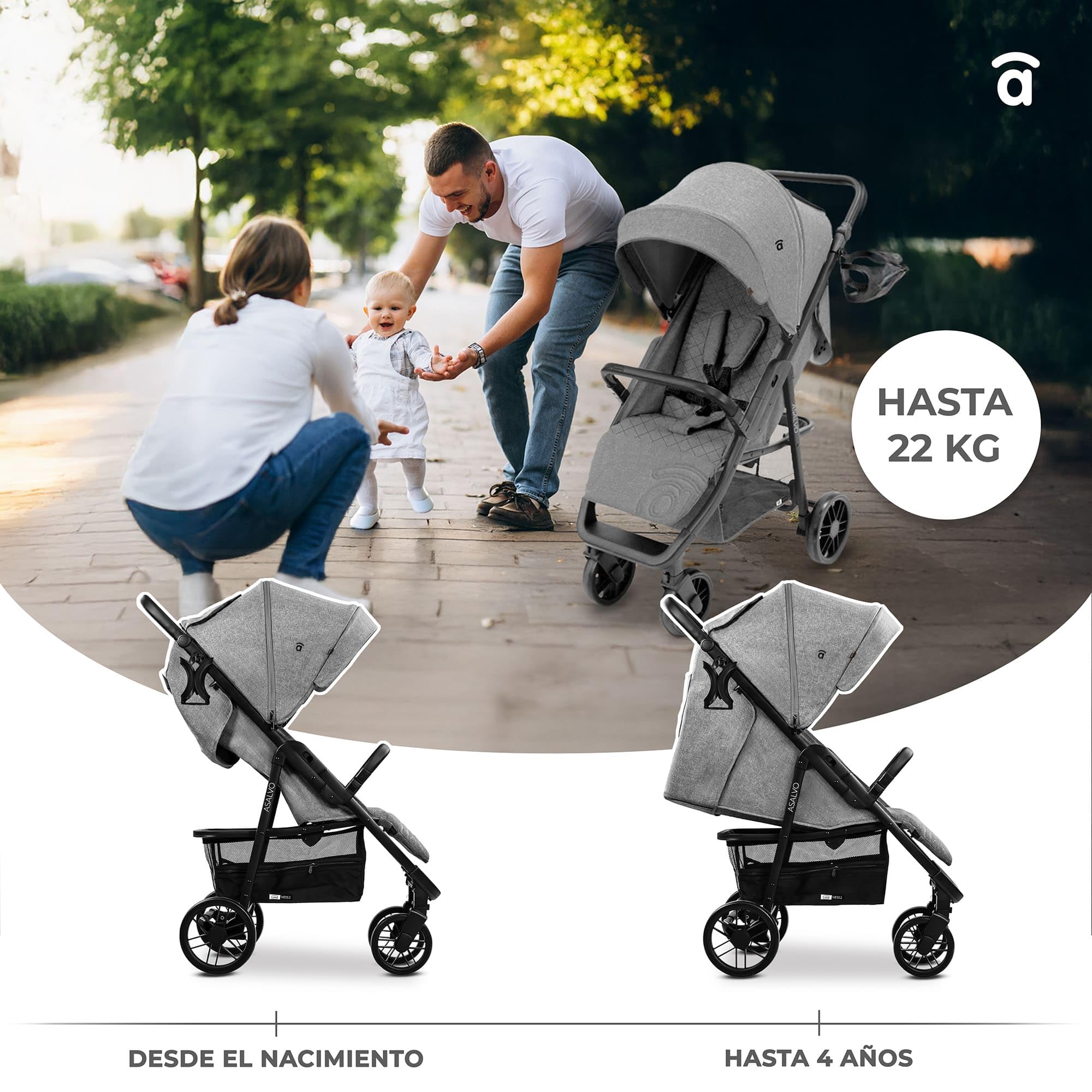 Asalvo NESS 2 Silla de Paseo para bebé, Carrito de paseo con Respaldo Reclinable, Cochecito urbano, Arnés 5 Puntos, SPF50+, Gran Capota con Ventana, Manejable y Máxima Seguridad Hasta 24 kg, Gris