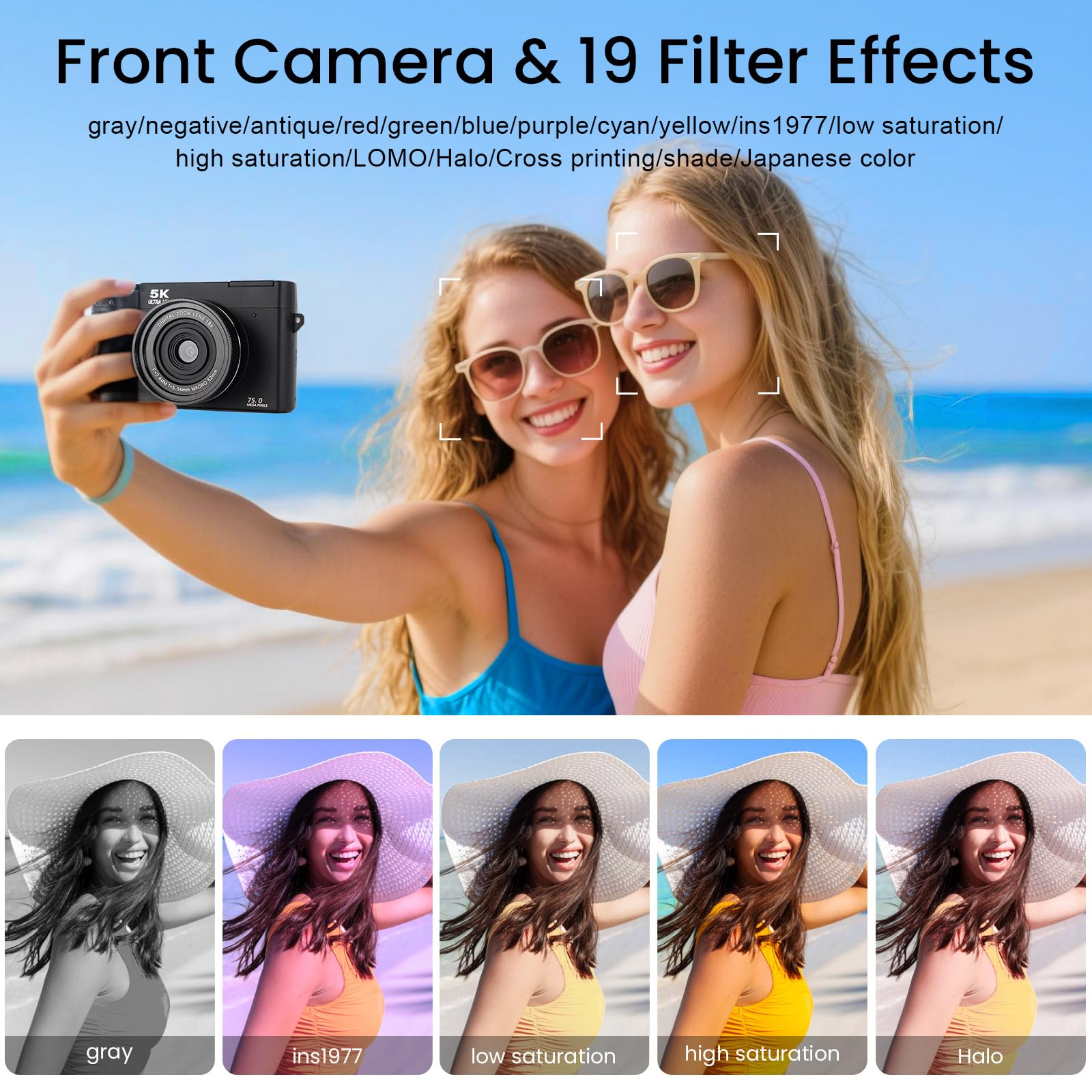 SOPPY Cámara digital 5K, cámara selfie mejorada de 75 MP con función WiFi para Youtube, zoom digital de 16X, cámara digital compacta con tarjeta de 32 GB, 2 baterías, compacta para niños, adolescentes