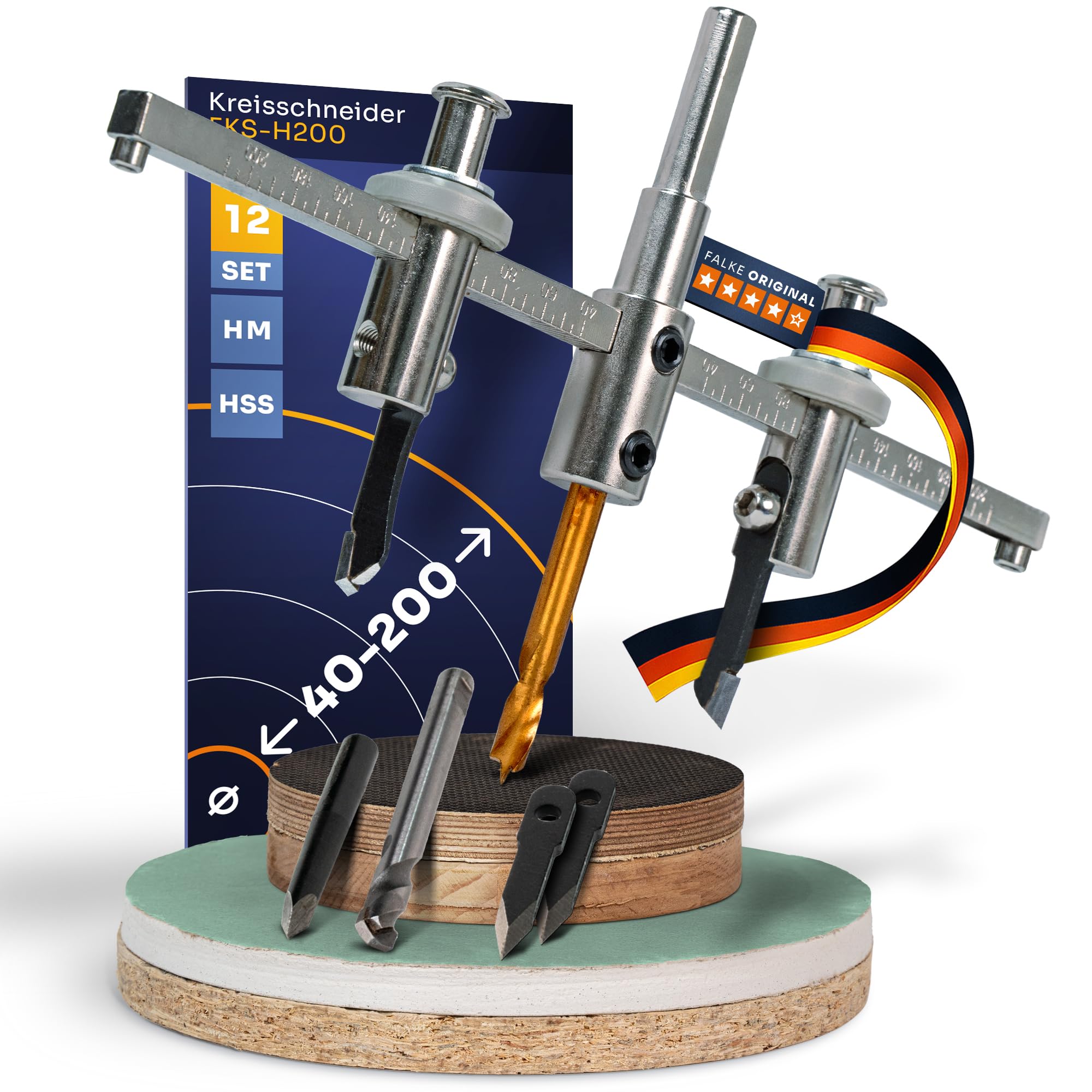 Falke Kreisschneider FKS-H 200 - Universal für Holz, Kunststoff, Gipskarton | Durchmesser stufenlos einstellbar (40-200 mm) - Verstellbare Lochsäge