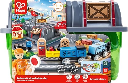 Miniatura 7 de Hape Conjunto Railway Bucket Builder | Juguete de Tren de Madera Multicolor de 50 Piezas, Kit de Construcción para Niños