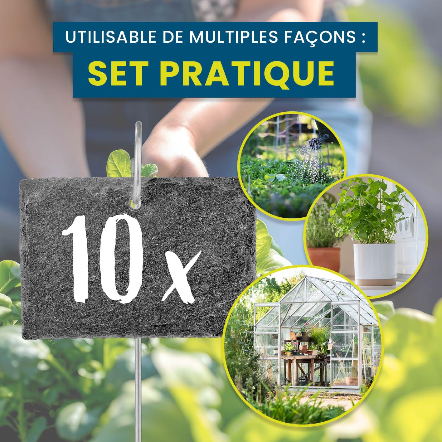 Hoberg Étiquettes Plantes en ardoise - Set de 10 | Résistant aux intempéries, réutilisable | Inscription individuelle de plantes & herbes | Avec piquets de terre en acier | 10 x 7 x 0,5 cm [Carrés]
