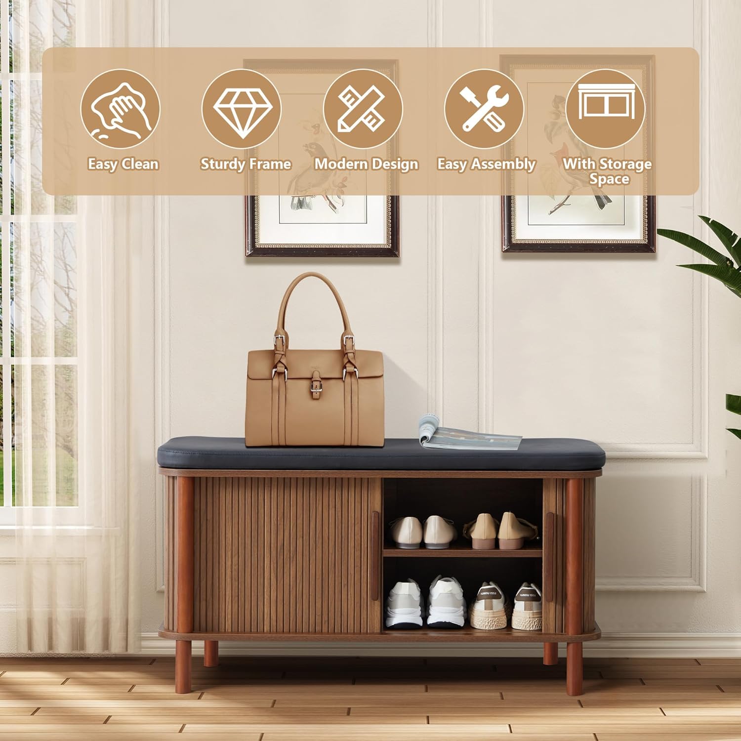 Shoe Bench, Entryway Shoe Cabinet with Leather Cushion and Sliding Door, Modern Shoe Storage Organizer for Living Room, Hallway (Walnut)