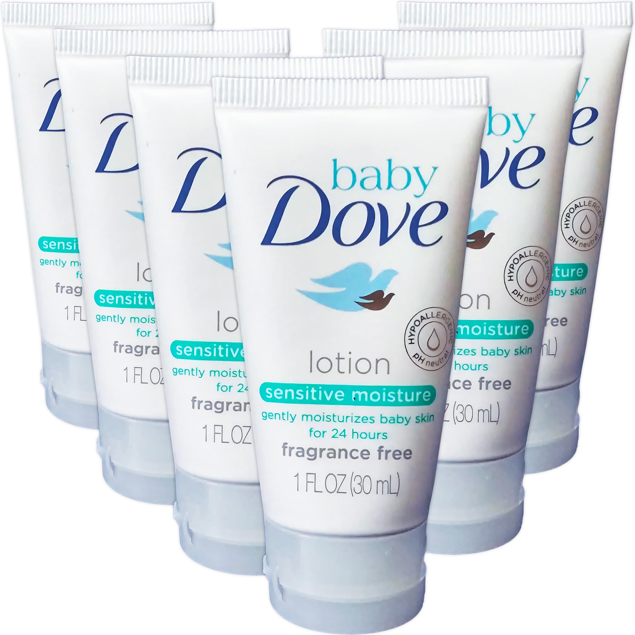 Baby Dove Sensitive Moisture Baby Lotion, 6 Pk Hypoallergenic Fragrance-Free for Sensitive Skin, Moisturizing Unscented Baby Lotion, Safe 4 Newborns Travel Size 1oz Ea