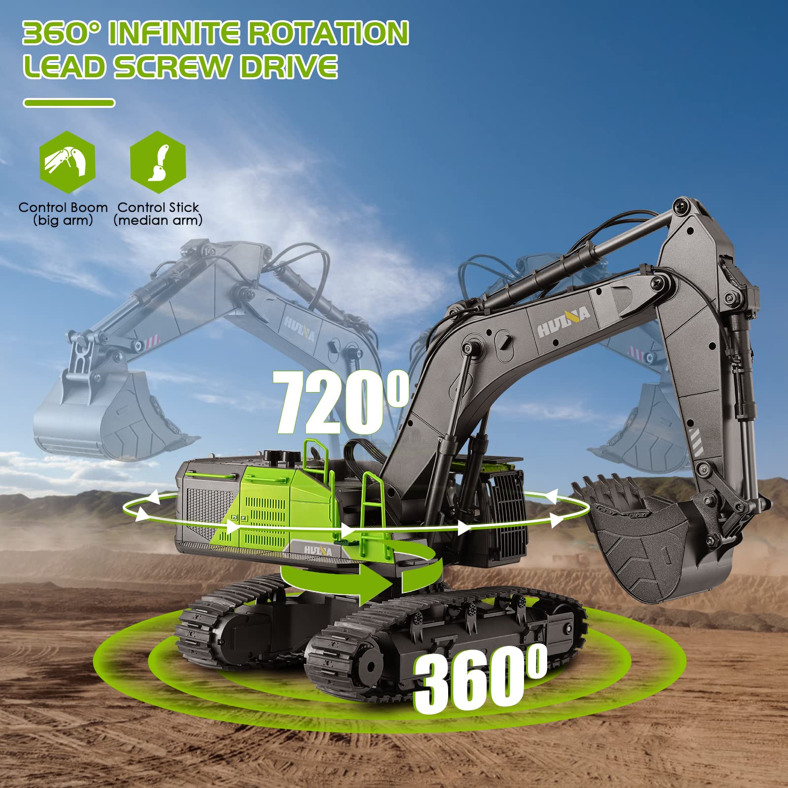 1:14 Escavatore di Telecomando per Bambini Escavatore Giocattolo a 360 ° Può sollevare 22 Modalità Giocattolo Veicolo di Costruzione Verde..