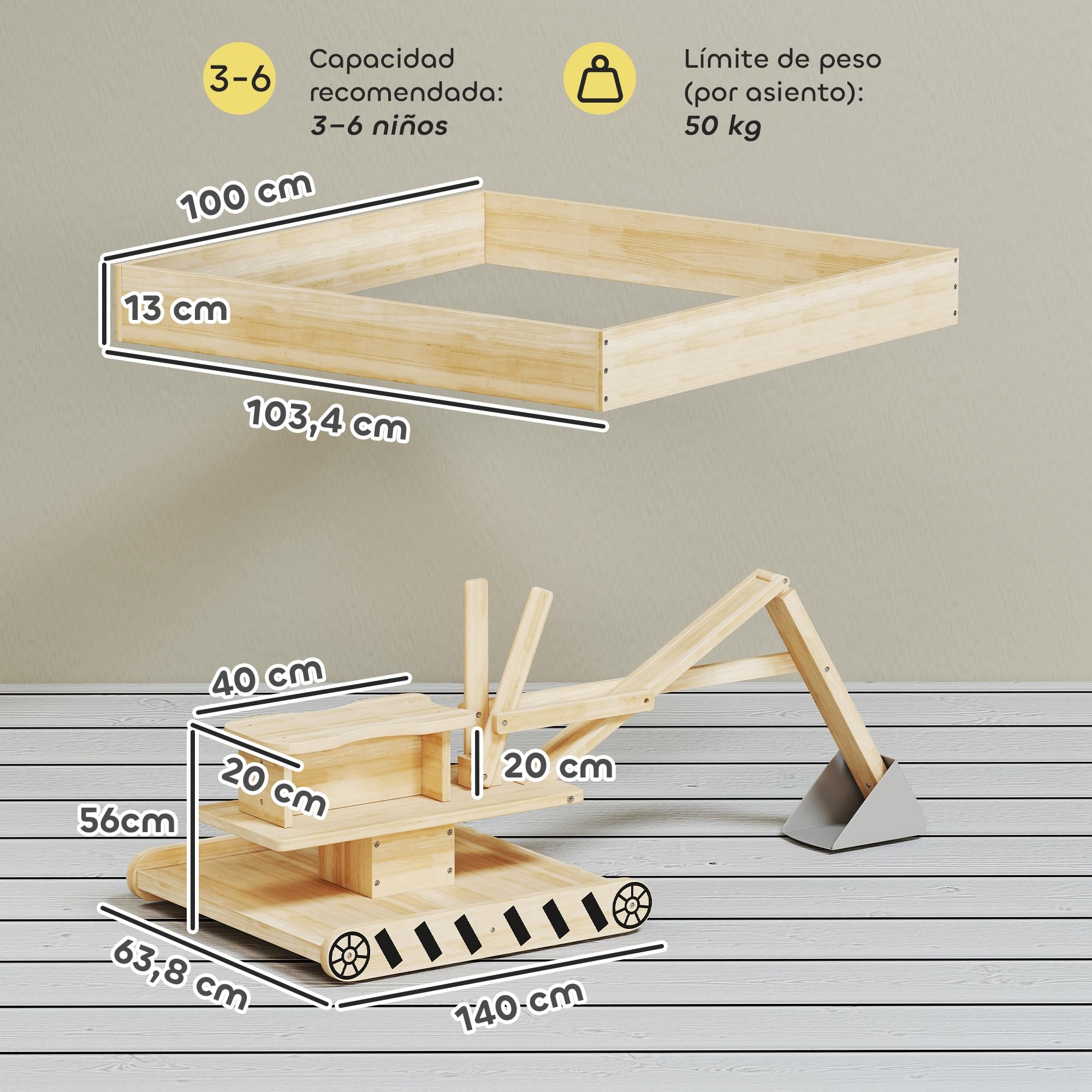 AIYAPLAY Arenero para Niños de Madera con Excavadora, Arenero Infantil con Asiento Giratorio 360° y Forro de Tela no Tejida, sin Motor, Caja de Arena para Niños de 3-6 Años, 184x90x56 cm, Natural