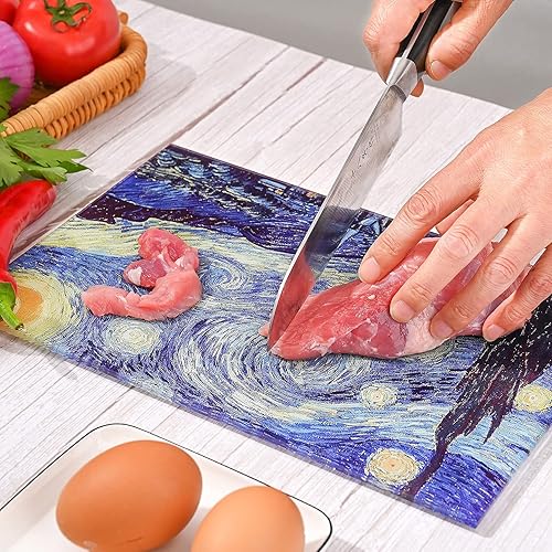 Miniatura 6 de Tabla de cortar de vidrio templado para cocina, diseño de Van Gogh estrella azul, pequeñas tablas de cortar resistentes al calor, tabla de cortar