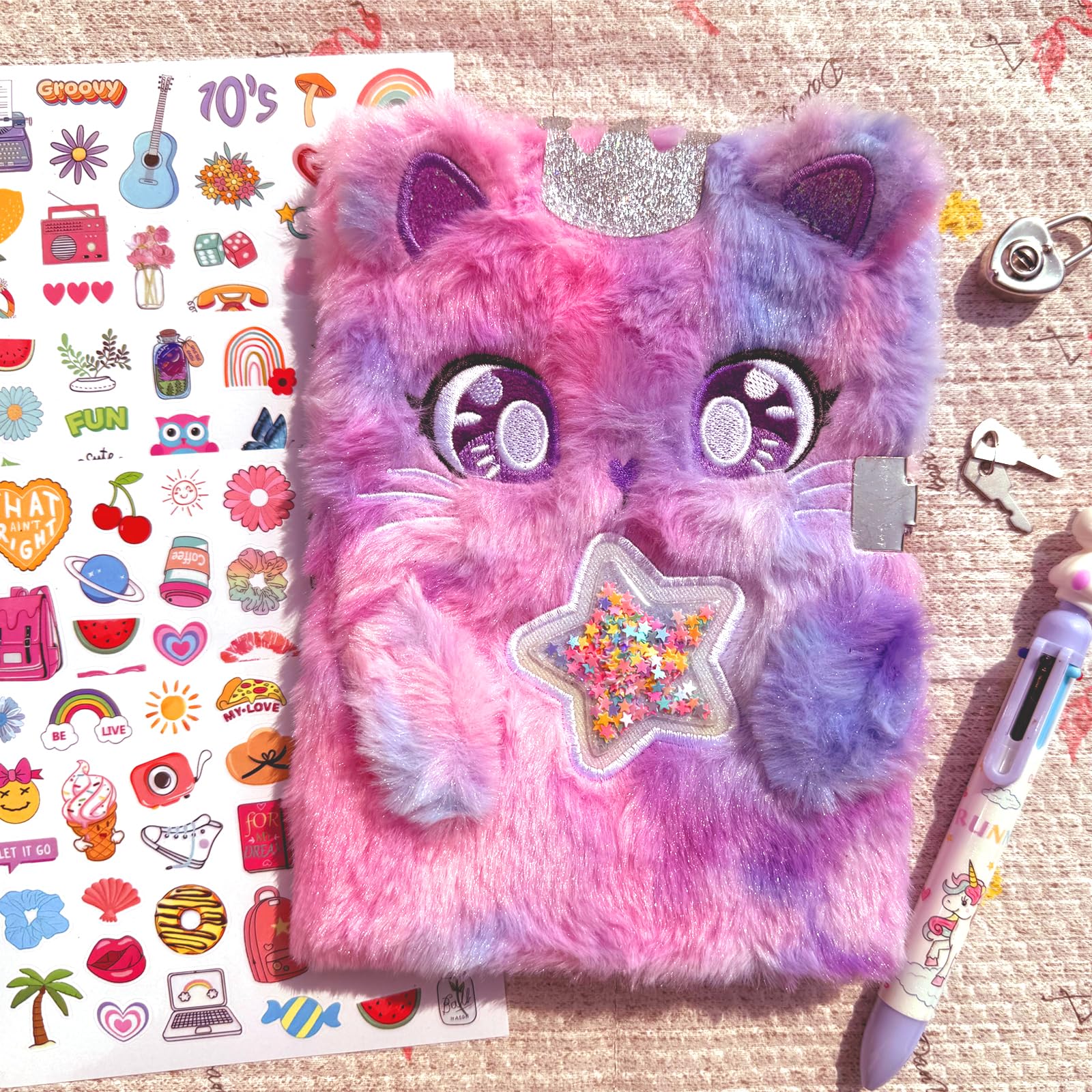 Diario per ragazze con lucchetto e chiavi, diario scolastico e viaggio, set regalo per scrivere e disegnare, penna multicolore, adesivi, regalo di compleanno per ragazze (gatto viola)