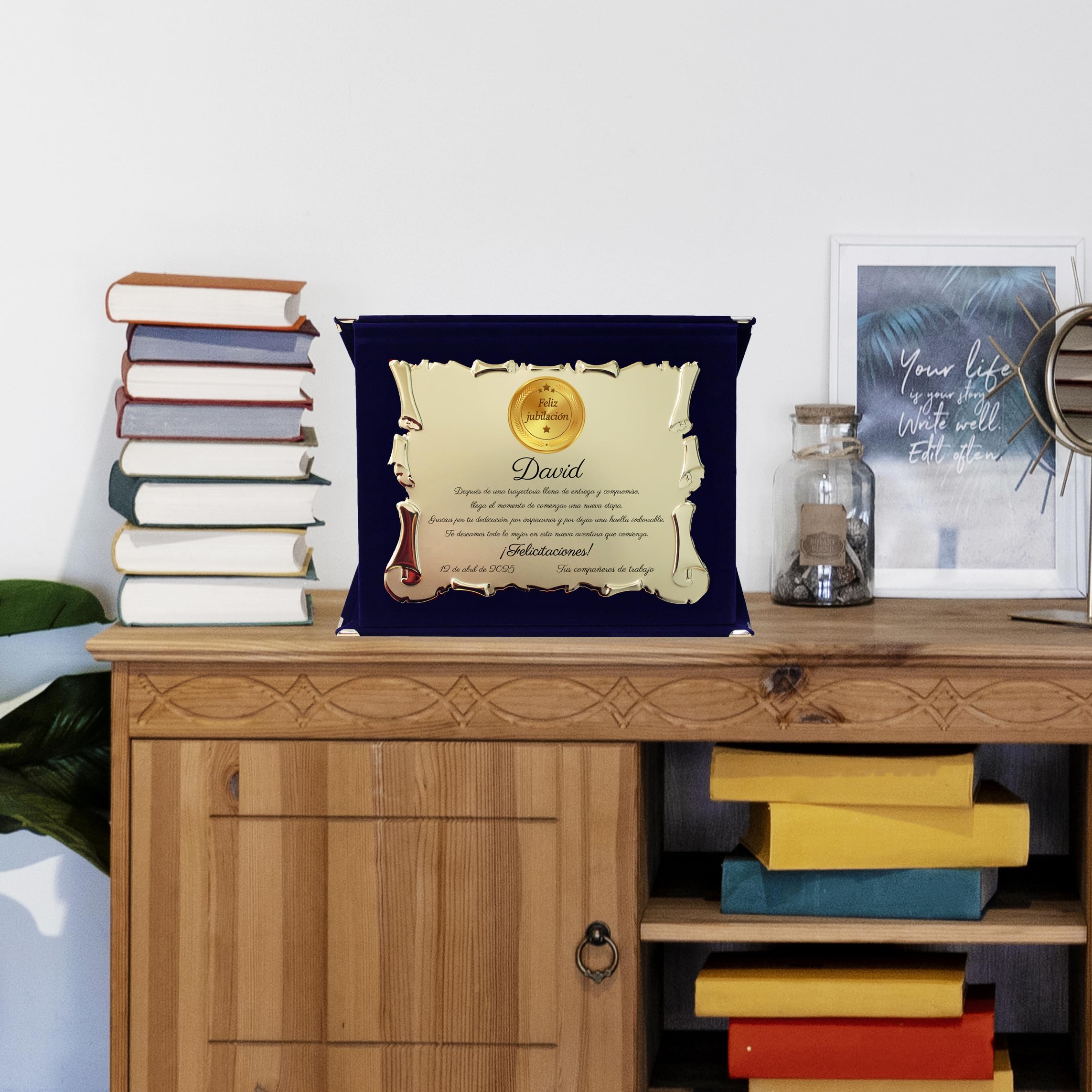 Placa de Jubilación Personalizada | Regalo de Agradecimiento por Retiro | Targa Estilo Pergamino con Estuche Elegante | con Medalla Elegante