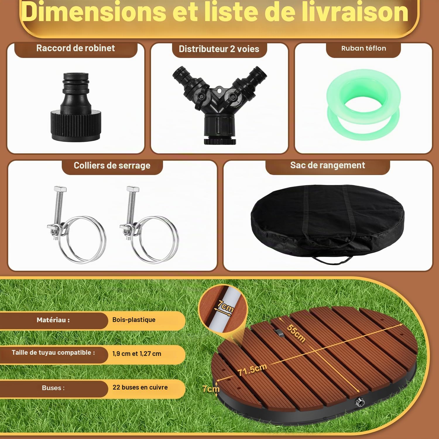 Daromigo Douche de Sol avec 22 Buses en cuivre, Douche extérieure en WPC, avec Roue de Pied réglable jusqu'à 4 m de Hauteur, antidérapante, résistante aux intempéries