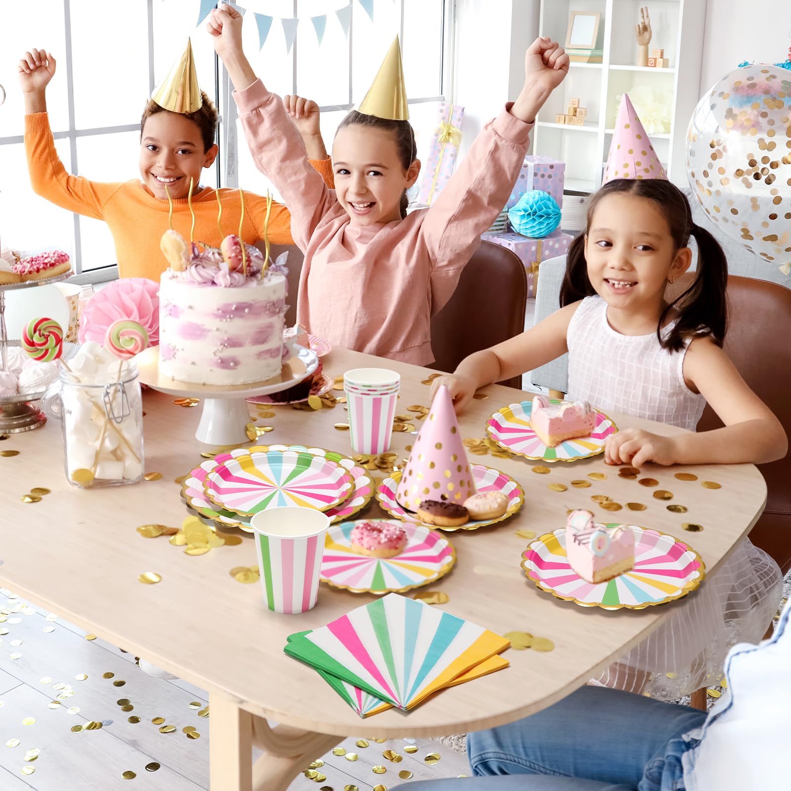 96 Pezzi Stoviglie per Feste Per 24 Ospiti Con Piatti Carta Colorati Strisce Usa e Getta di Carta Party Tazze Tovaglioli, Piatti Carta per Compleanno, Nuziale Doccia, Fidanzamento, Matrimonio