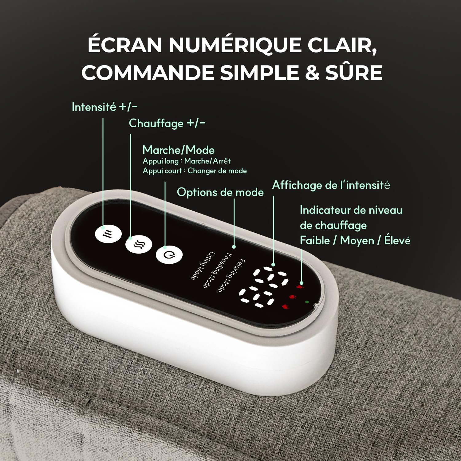 HubiCare Appareil de massage des jambes avec compression d'air et chaleur, 3 niveaux d'intensité, rechargeable USB-C, appareil de massage silencieux du mollet pour la relaxation et la circulation