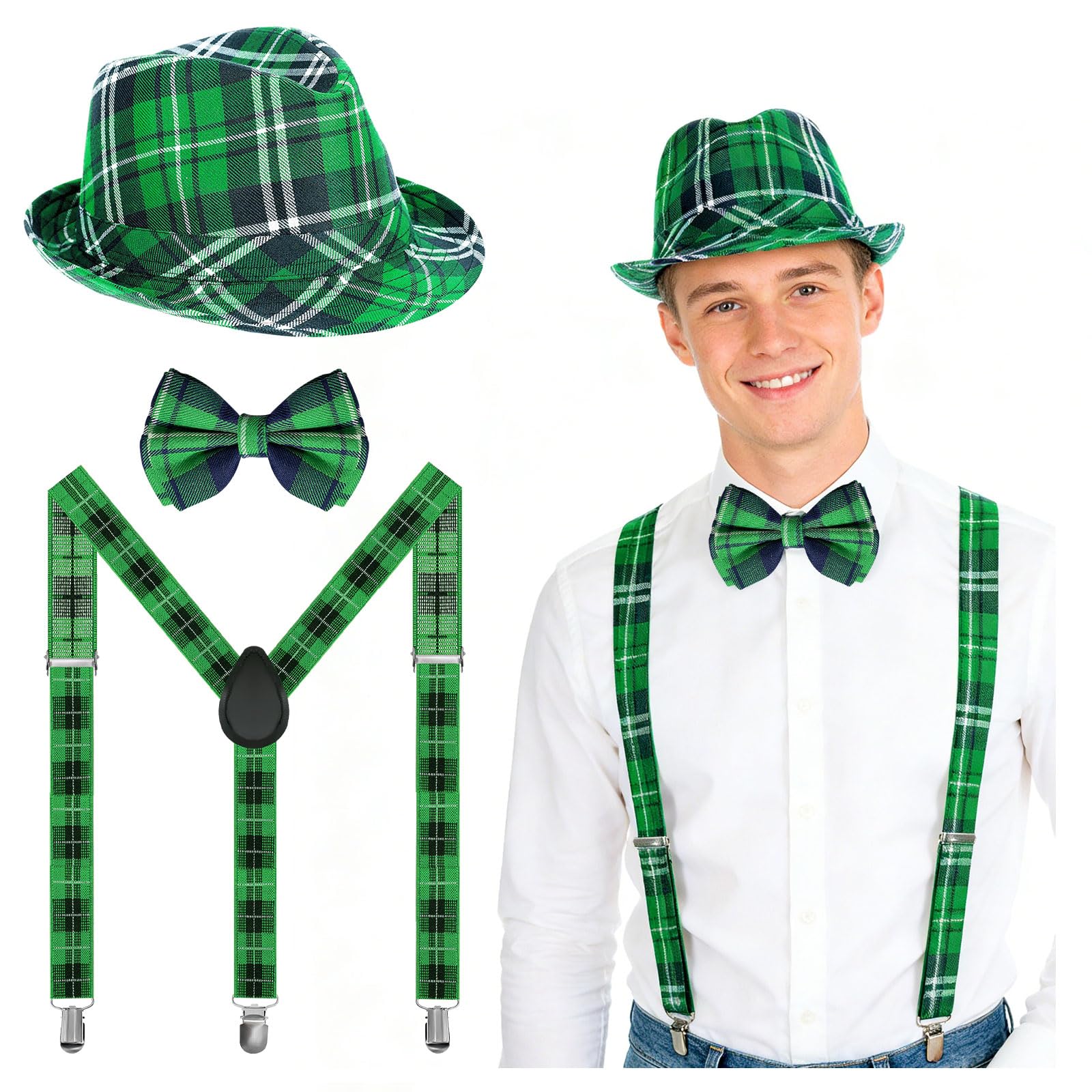 Noviatrix Green Fedoras Trilby Hats，irish Clothing, Green Plaid Hat and Bow Tie Suspenders Set for Festive Dressing St Patrick's Day, Role-Playing, Character Parties, Christmas, Irish Carnivals