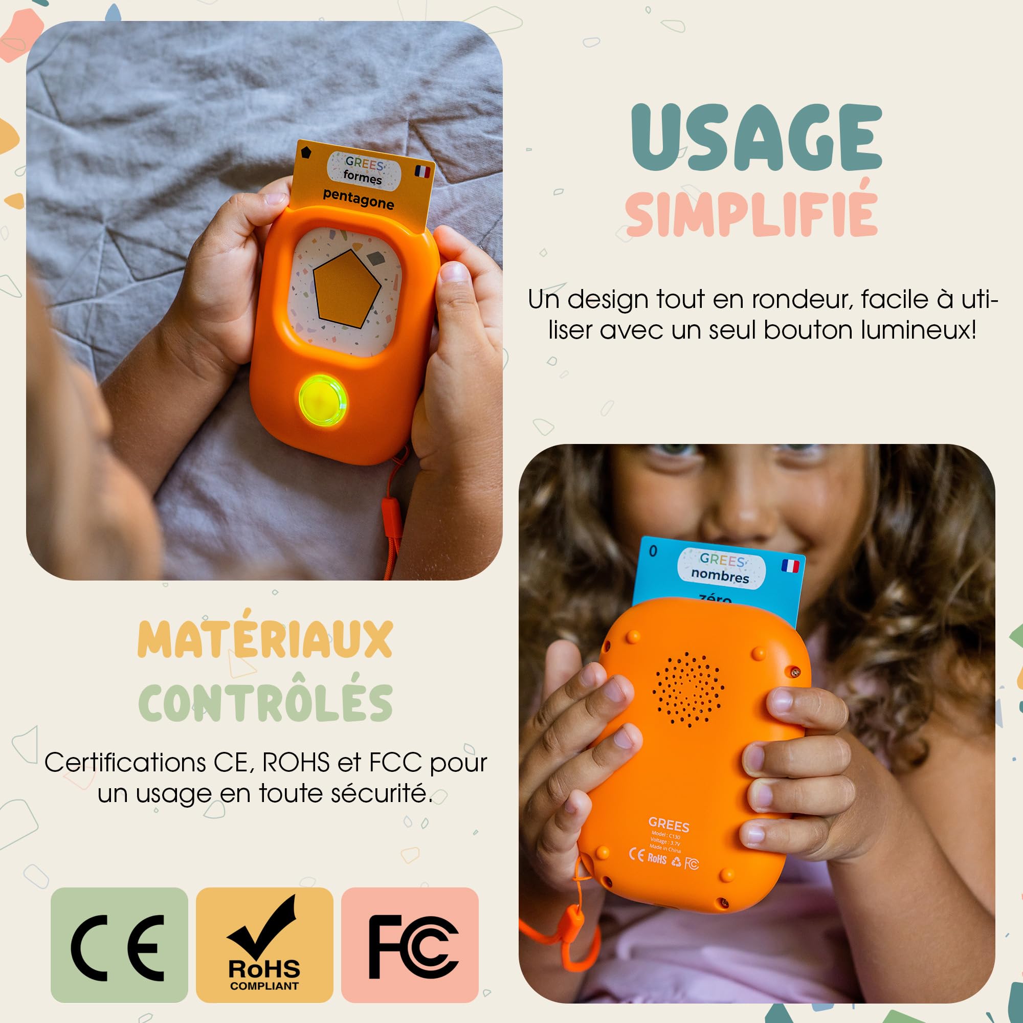 GREES Jouet Éducatif Montessori – Lecteur de Cartes Parlantes Français 258 Mots + Sacoche de Rangement | Jeu sans Écran Enfant 2-6 Ans | Flashcards Lettres Chiffres Animaux | Cadeau Fille Garçon