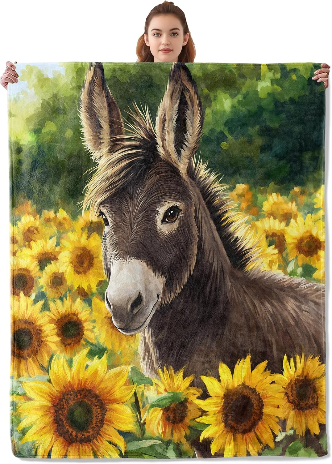 Cute Donkey & Sunflowers Blanket, Soft & Warm Flannel Throw - Cozy Lightweight Blankets for Travel, Decor, Bedroom, Office, Sofa for Adults Kids - Ideal for All Seasons 60"×50"