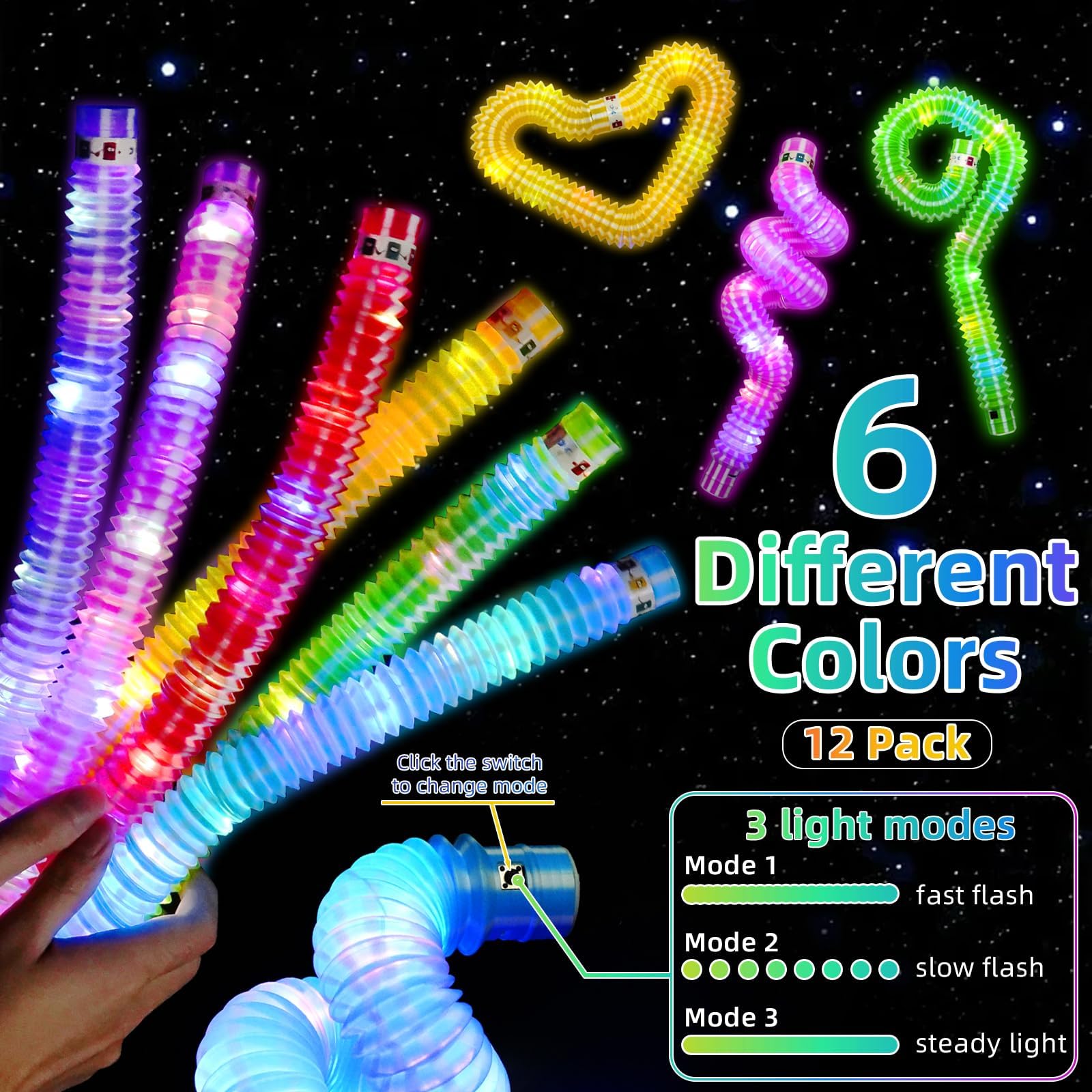 18 Pop Tubes LED Lumineux Multicolores - Jouets Sensoriels Extensibles Anti-Stress Pour Enfants Et Adultes