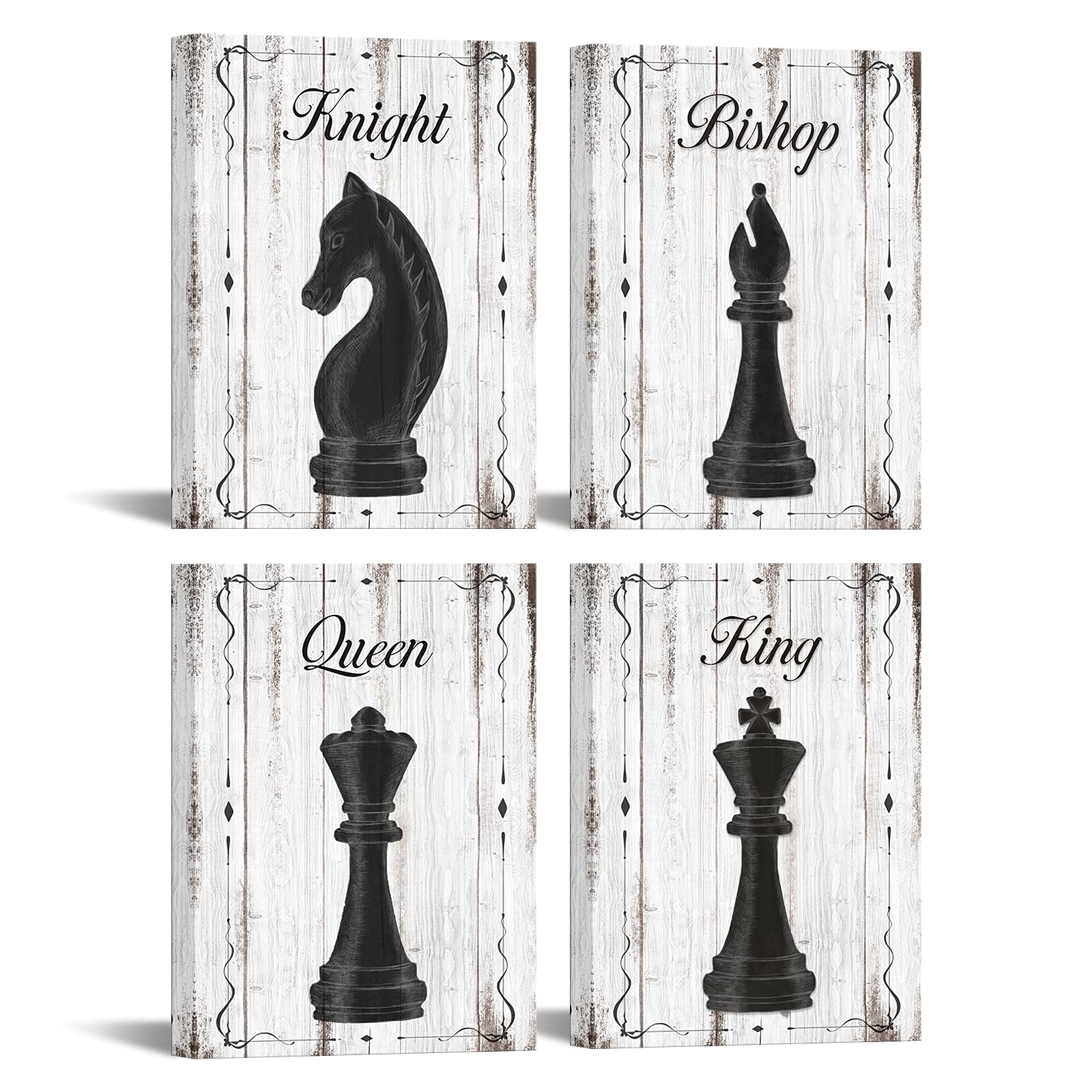 BPA 4 Piece Chess Wall Art Vintage King Queen Knight Bishops Painting Poster Art Print for Living Room Home Office Decor Game Picture forChess Club Guest Room Decoration Framed Ready to Hang