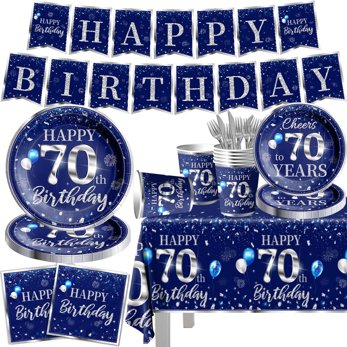 GREHUMOR 142 Pcs 70th Birthday Tableware Set Decorations Sliver and Blue 70th Happy Birthday Party Supplies for Men Women Birthday Tablecloth,Plates,