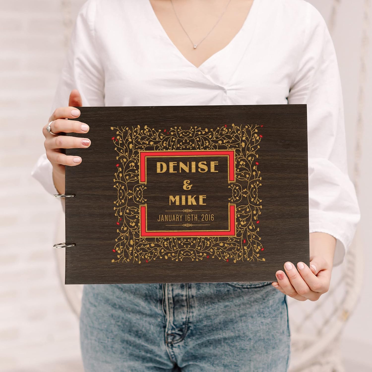 Darling Souvenir Personalized Engraved Laser Cut Wedding Guest Book Wooden Cover Sign-in Book Registry Guestbook Scrapbook-WM