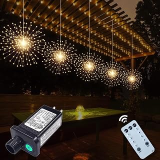 SHUKAN 5 Pack 1000 LED Plug-in Starburst Sphere Lights, Remote 8 Modes Dimmable Waterproof Firework Fairy Lights for Patio Party Tent Christmas Warm White