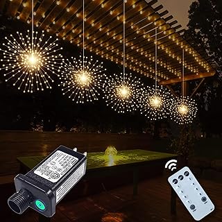 5 Pcs 1000 LED Plug-in Starburst Sphere Lights, Firework Light 8 Modes Dimmable Remote Control Waterproof Hanging Fairy Light, Copper Wire Lights for Patio Party Tent Christmas (Warm White)
