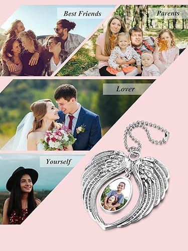 Miniatura 6 de Zysta Adorno para colgar en el automóvil, alas de ángel, foto de doble cara, grabado personalizado para colgar en el automóvil, soporte para marco