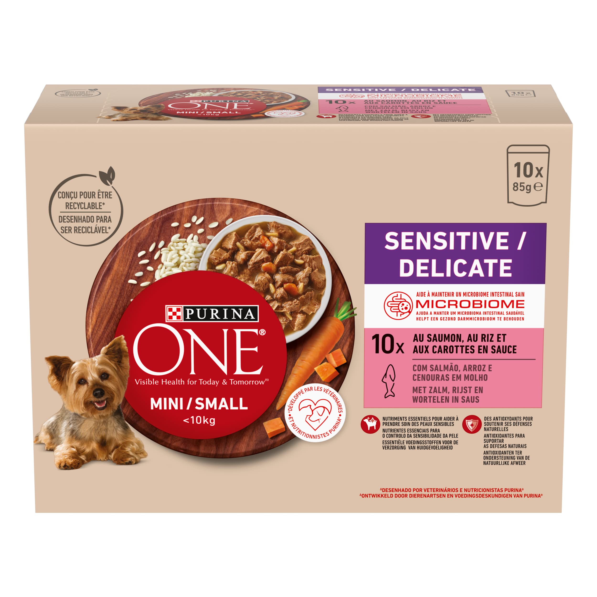 PURINA ONE Mini/S <10kg sensitiva/delicata, sbucciati con salmone, riso e carote in salsa per cani adulti di piccola taglia | digestione sensibile bustine pasto 10 x 85 g | Confezione da 6