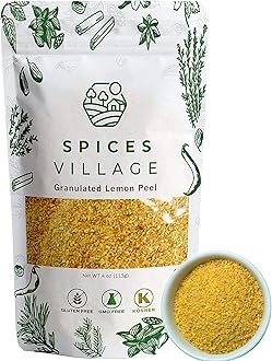 SPICES VILLAGE Dried Lemon Peel Granules, Lemon Zest Seasoning for Baking, (4 Oz), Citrus Fruit Seasoning for Cooking & Herb Tea - Kosher, Gluten Free, Non GMO, Resealable Bulk Bag