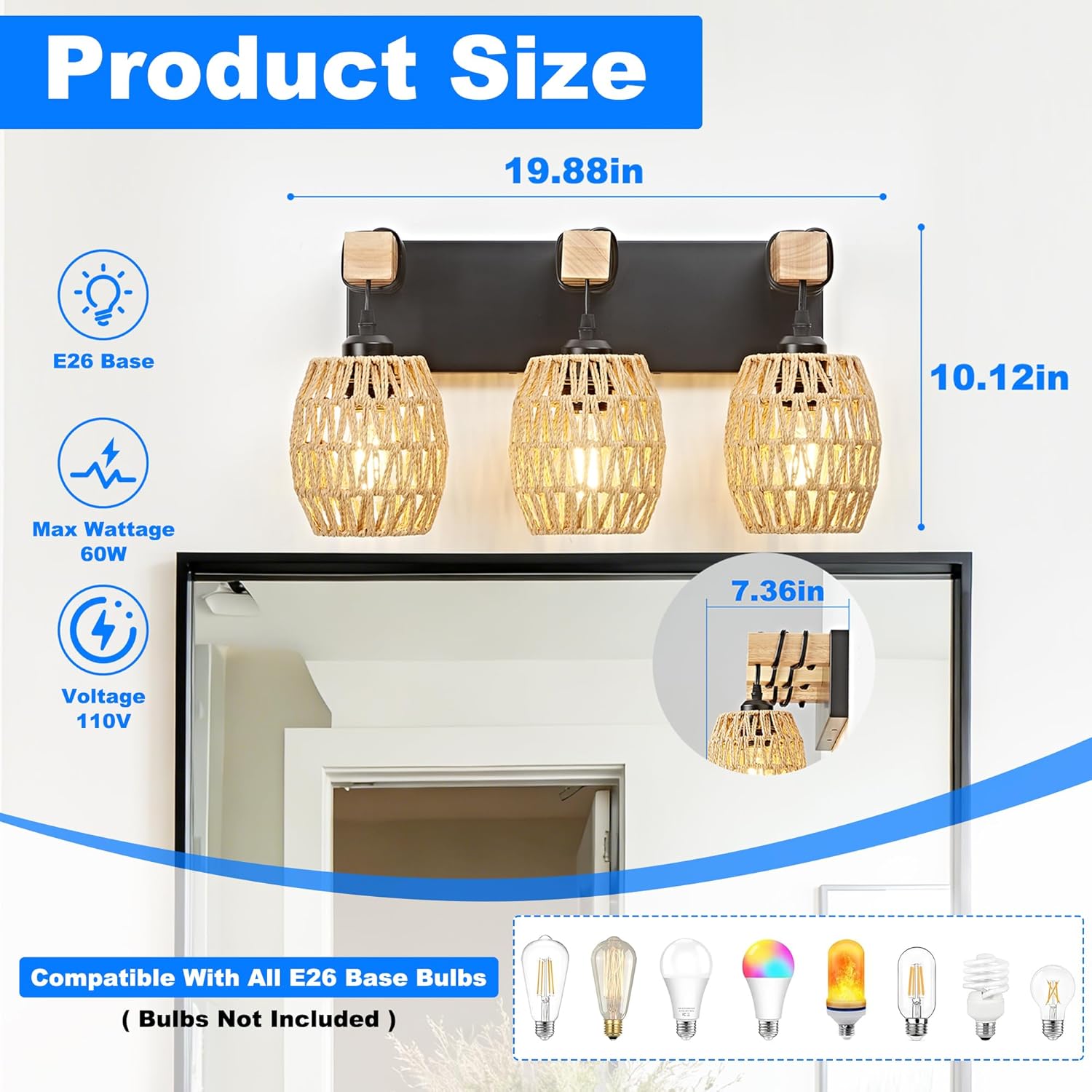 OKELI 3-Light Bathroom Vanity Light Fixtures Over Mirror, Hand-Woven Boho Rattan Wicker Wall Sconce, Rustic Farmhouse Natural Wood Black Vanity Lighting for Bathroom Bedroom Hallway, E26 Base