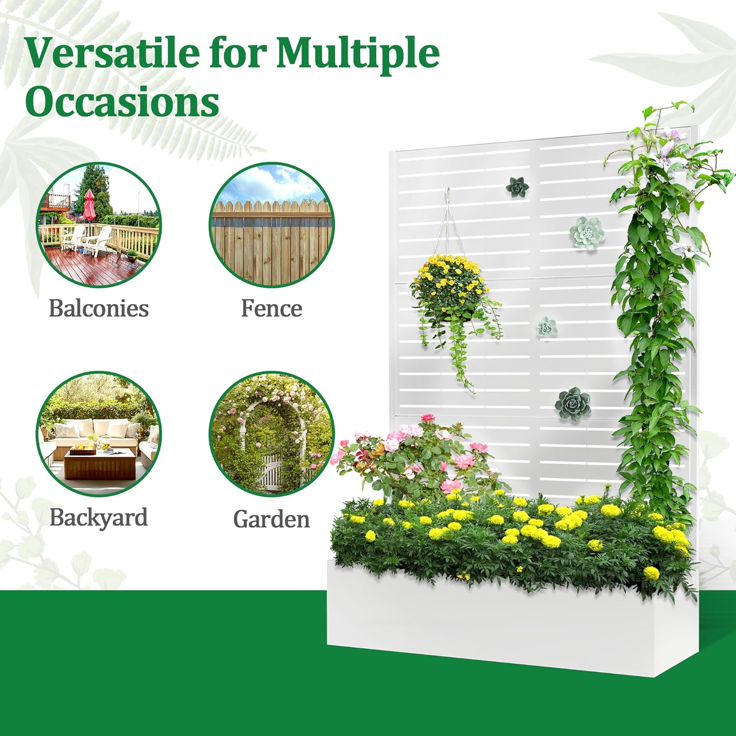 Metal Raised Garden Bed with Trellis, 2 in 1 Trellis with Planter Box & Privacy Screen for Climbing Plants, Vine, Outdoor Standing Flower Beds with Drainage Holes, 47" L x 16" W x 71" H, White