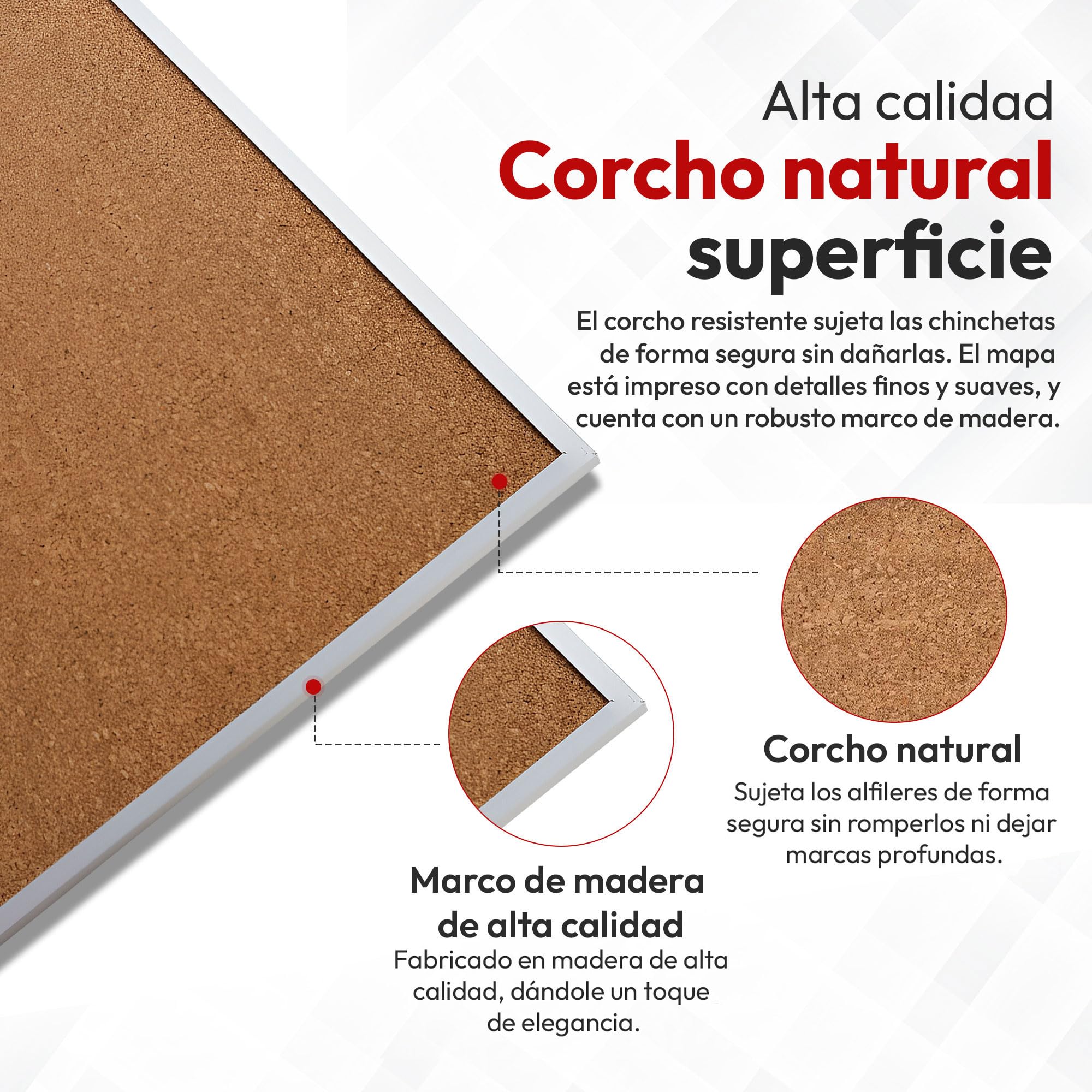 Tablero de anuncios de corcho mapa mundial 90x60 cm con marco y 20 banderas marcadoras Memoboard XXL